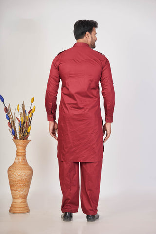 Maroon Royal – Giza Cotton Plain Pathani Set