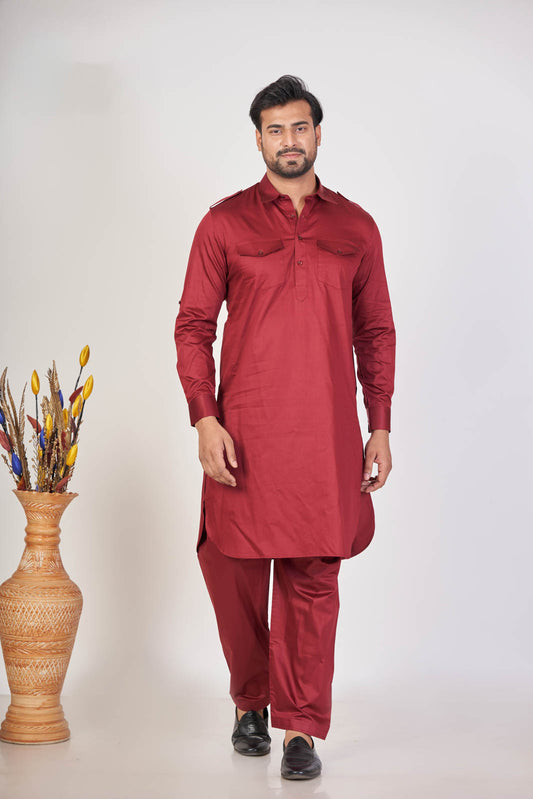 Maroon Royal – Giza Cotton Plain Pathani Set