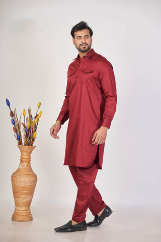 Maroon Royal – Giza Cotton Plain Pathani Set