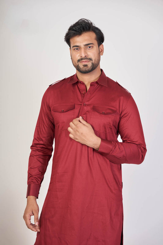 Maroon Royal – Giza Cotton Plain Pathani Set