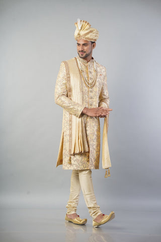 Ethnic Wear Men Sherwani In Golden Colour with Churidar Pajama