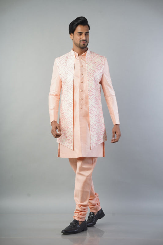 Men Peach Indo Western Peach Printed Long Jacket and Solid Churidar Style