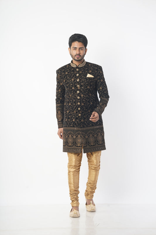 Men Black Gold Prented Indo Western with Brijesh Pajama Style