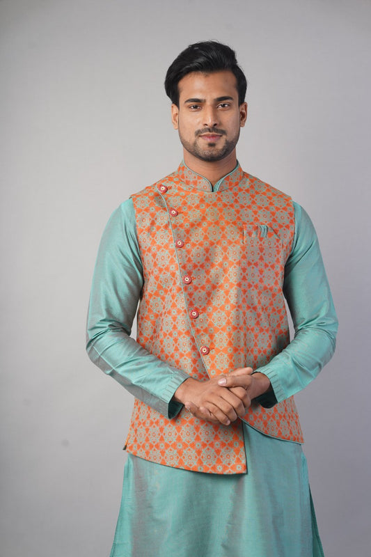 Printed Nehru Jacket In Cut Style With Fancy Button