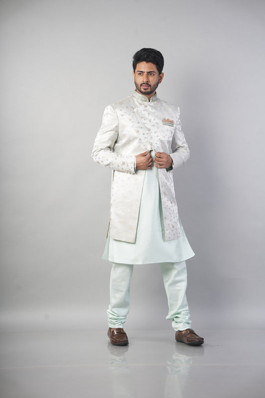 Men Aqua Indo Western with Kurta and Solid Churidar Style