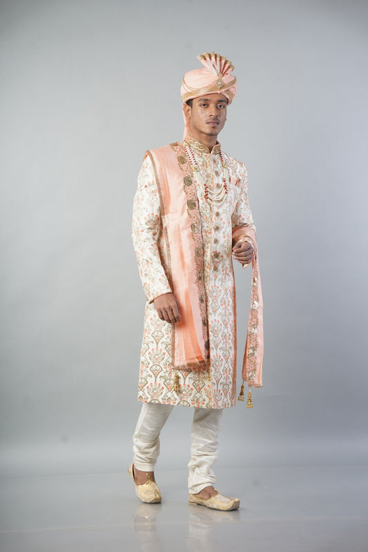 Ethnic Wear Men Sherwani in Cream Colour with Pink Touch and Churidar Pajama