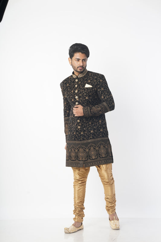 Men Black Gold Prented Indo Western with Brijesh Pajama Style