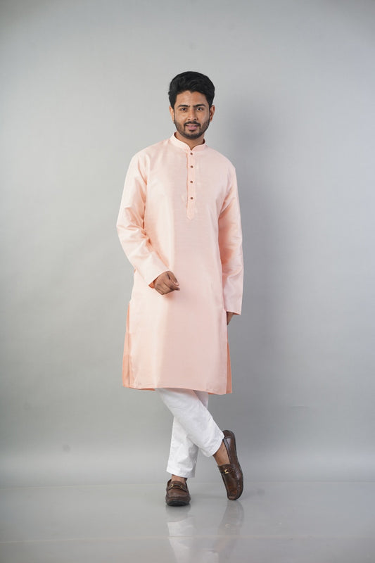 Peach Colour Plain Dupion Fabric Kurta