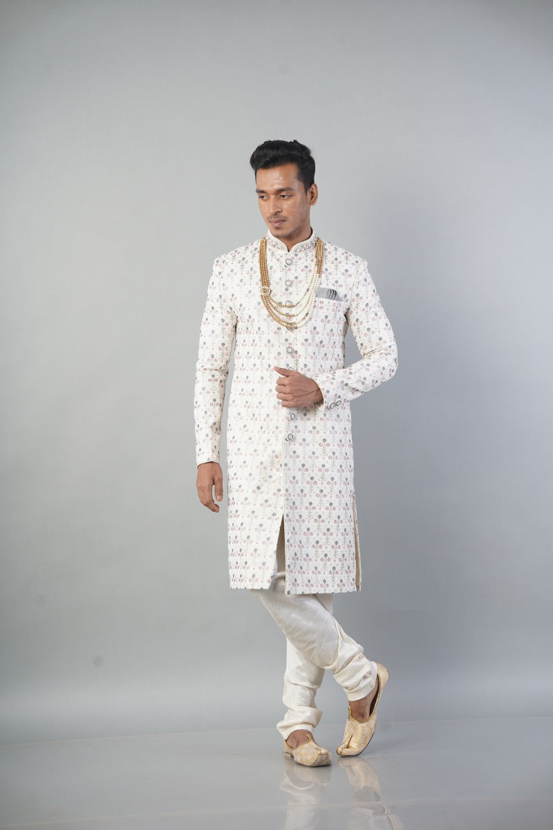 Ethnic Wear Men Sherwani In Off White Colour With Churidar Pajama