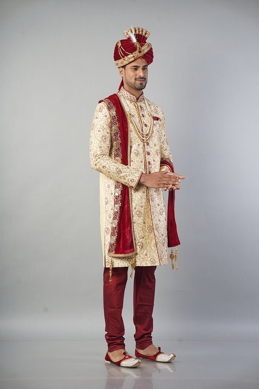 Ethnic Wear Men Sherwani in Golden Colour with Maroon Touch and Churidar Pajama