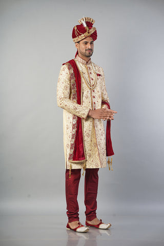 Ethnic Wear Men Sherwani in Golden Colour with Maroon Touch and Churidar Pajama