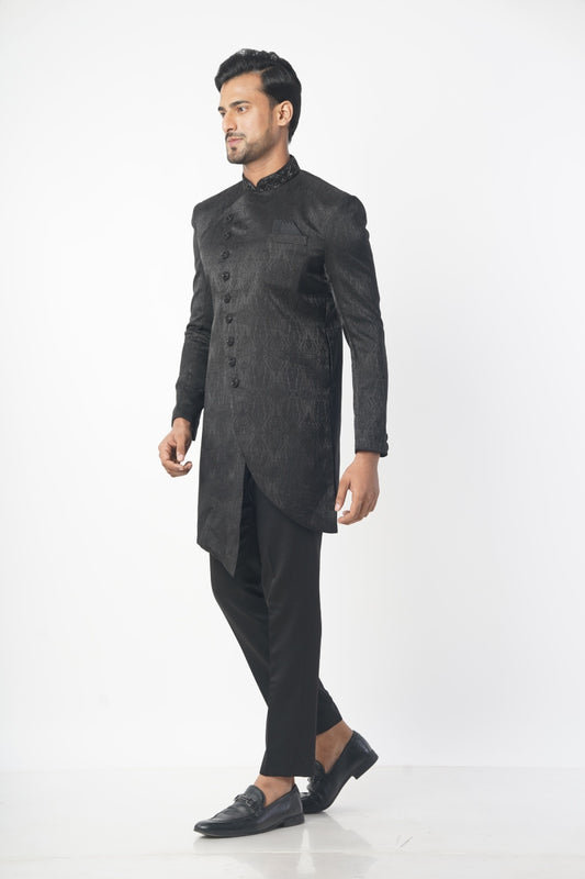 Men Black Self Design Indo Western and Solid Black Pant Style Pajama