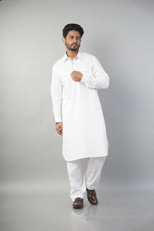 Ethnic Wear White Pathani Set Solid Salwar Style.