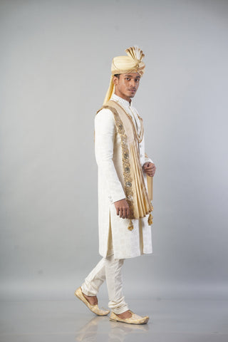 Ethnic Wear Men Sherwani in Cream Colour with Gold Touch and Churidar Pajama