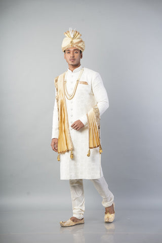 Ethnic Wear Men Sherwani in Cream Colour with Gold Touch and Churidar Pajama