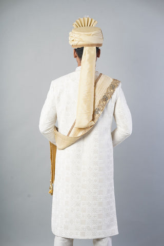 Ethnic Wear Men Sherwani in Cream Colour with Gold Touch and Churidar Pajama