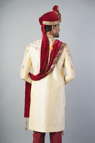 Ethnic Wear Men Sherwani in Golden Colour with Maroon Touch and Churidar Pajama