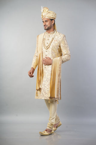 Ethnic Wear Men Sherwani In Golden Colour with Churidar Pajama