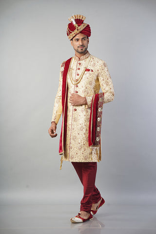 Ethnic Wear Men Sherwani in Golden Colour with Maroon Touch and Churidar Pajama