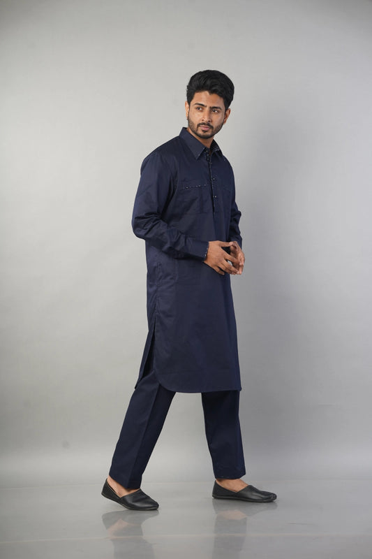 Ethnic Wear Navy Blue Pathani Set Solid Salwar Style