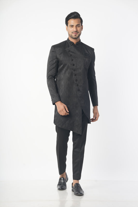 Men Black Self Design Indo Western and Solid Black Pant Style Pajama