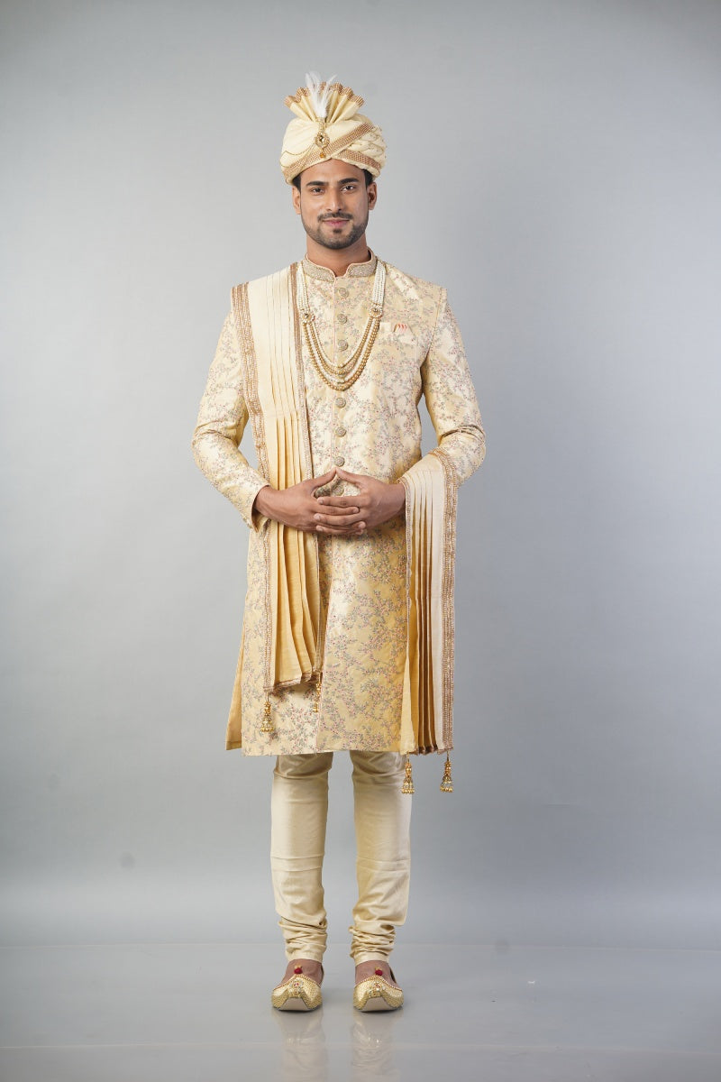 Ethnic Wear Men Sherwani In Golden Colour with Churidar Pajama