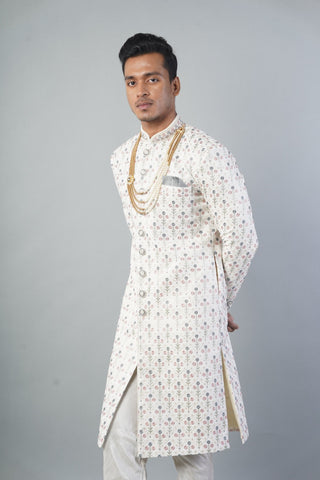 Ethnic Wear Men Sherwani In Off White Colour With Churidar Pajama