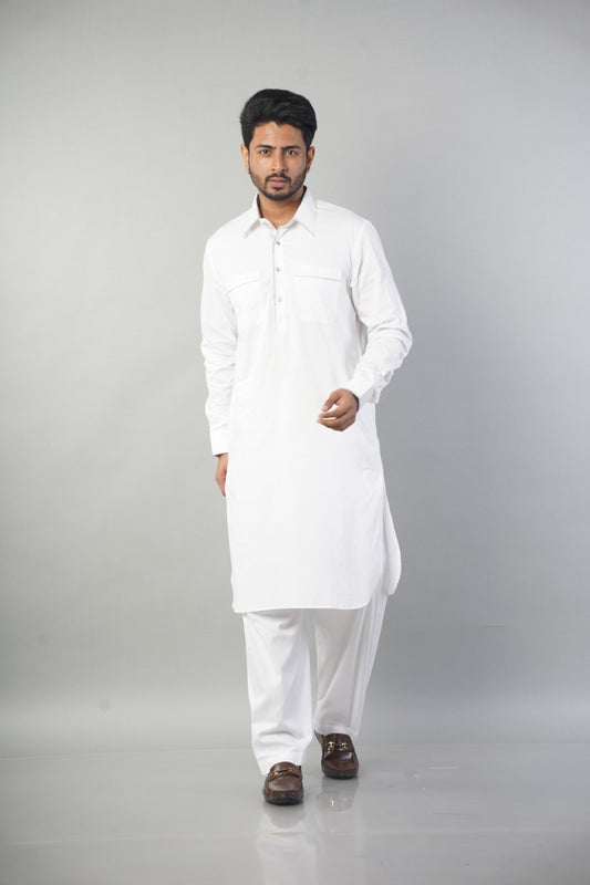 Ethnic Wear White Pathani Set Solid Salwar Style.