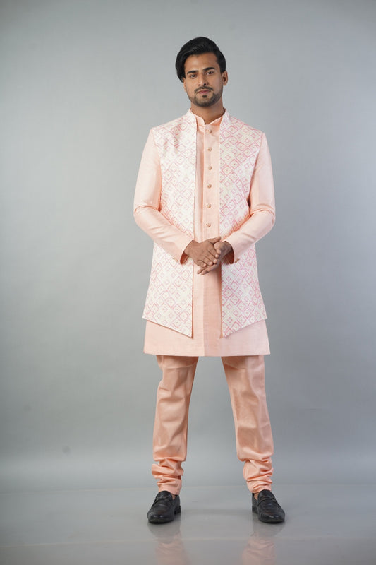 Men Peach Indo Western Peach Printed Long Jacket and Solid Churidar Style