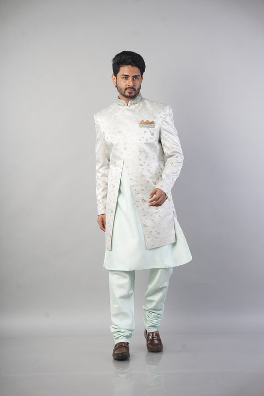 Men Aqua Indo Western with Kurta and Solid Churidar Style