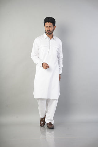 Ethnic Wear White Pathani Set Solid Salwar Style.