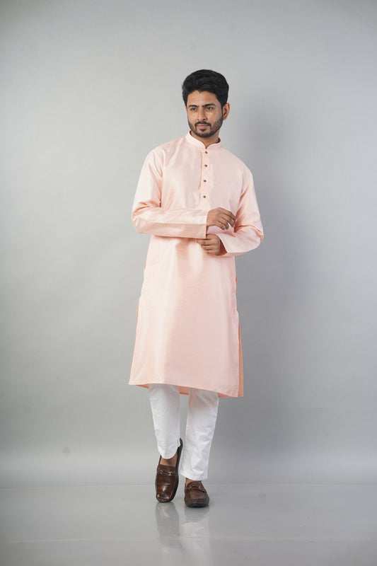 Peach Colour Plain Dupion Fabric Kurta