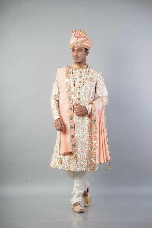 Ethnic Wear Men Sherwani in Cream Colour with Pink Touch and Churidar Pajama