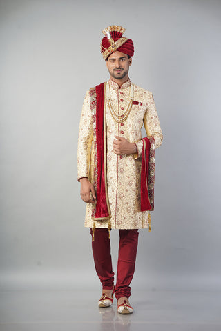 Ethnic Wear Men Sherwani in Golden Colour with Maroon Touch and Churidar Pajama