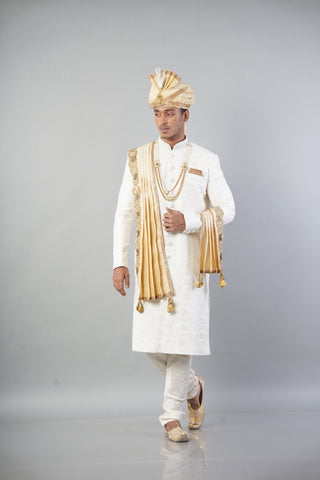 Ethnic Wear Men Sherwani in Cream Colour with Gold Touch and Churidar Pajama