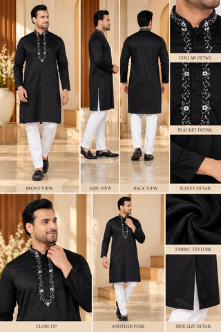 Festive Black Giza Cotton Embroidered Kurta (Only Kurta)