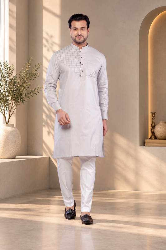 Men's Grey Poly Cotton Self Work Kurta (Only Kurta)