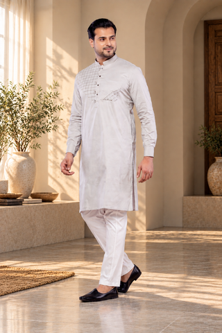 Men's Grey Poly Cotton Self Work Kurta (Only Kurta)
