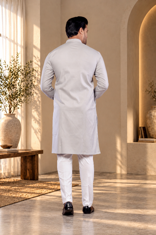 Men's Grey Poly Cotton Self Work Kurta (Only Kurta)