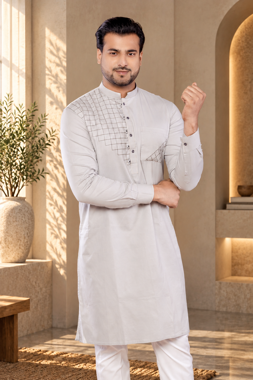 Men's Grey Poly Cotton Self Work Kurta (Only Kurta)