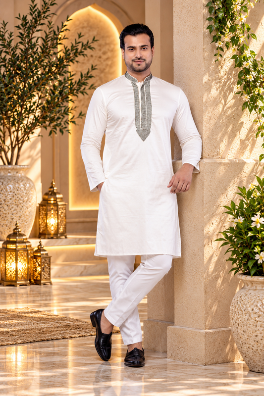 Men's Off White Giza Cotton Moti Work Festive Kurta (Only Kurta)