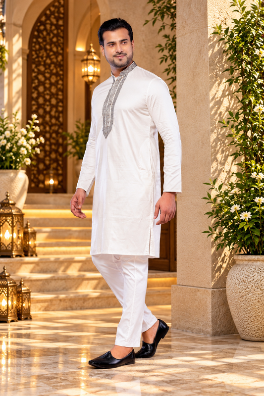 Men's Off White Giza Cotton Moti Work Festive Kurta (Only Kurta)