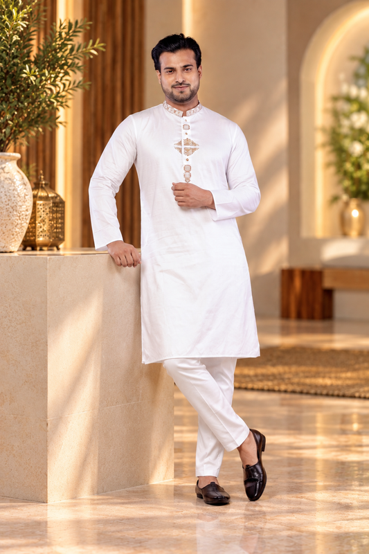 White Hand Embroidered Giza Cotton Kurta for Men (Only Kurta)