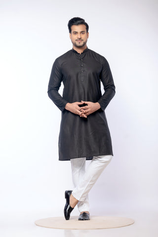 Men's Black Cotton Plain Kurta