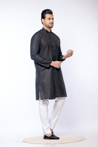 Men's Black Cotton Plain Kurta