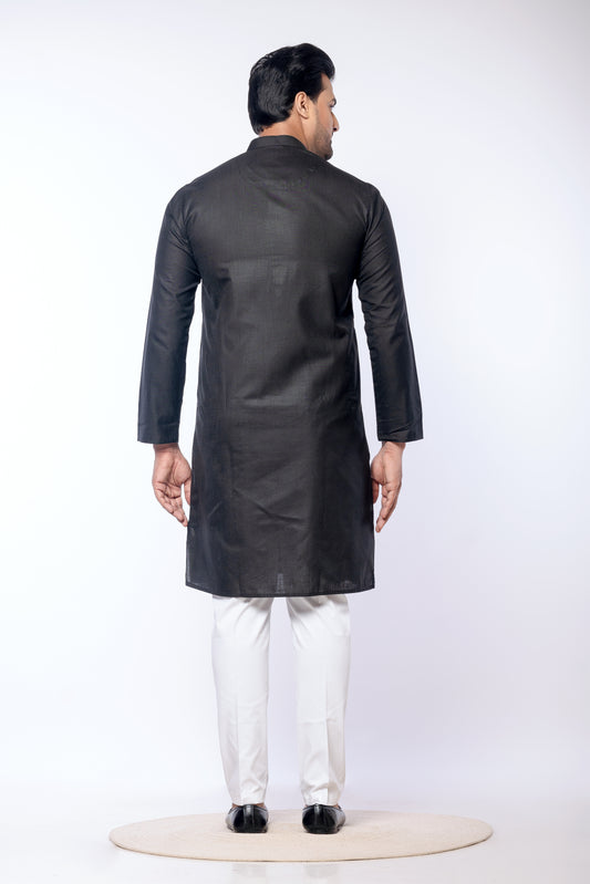 Men's Black Cotton Plain Kurta