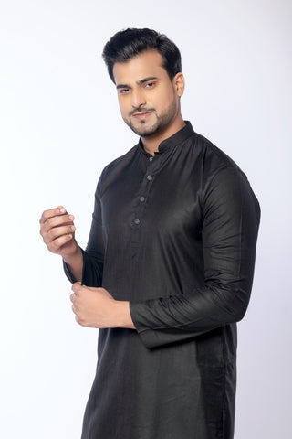 Men's Black Cotton Plain Kurta