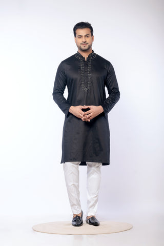 Black Giza Cotton Hand Work Kurta