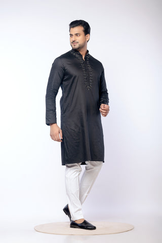 Black Giza Cotton Hand Work Kurta