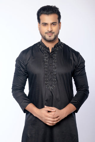 Black Giza Cotton Hand Work Kurta